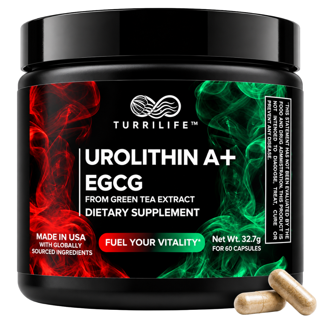 TURRILIFE Urolithin A and EGCG supplement bottle with capsules